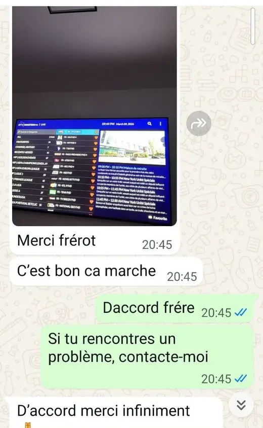 Conversation WhatsApp : un client confirme que son abonnement fonctionne et remercie le support