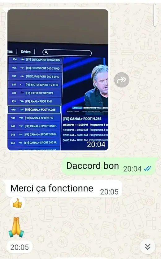 Conversation WhatsApp : un client confirme le bon fonctionnement des chaines sport sur sa Smart TV
