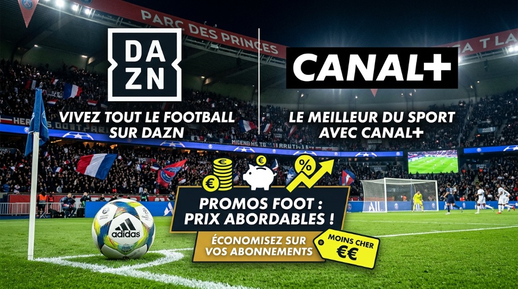 Une composition montrant les logos DAZN et Canal+ avec des éléments de football et une icône évoquant le budget